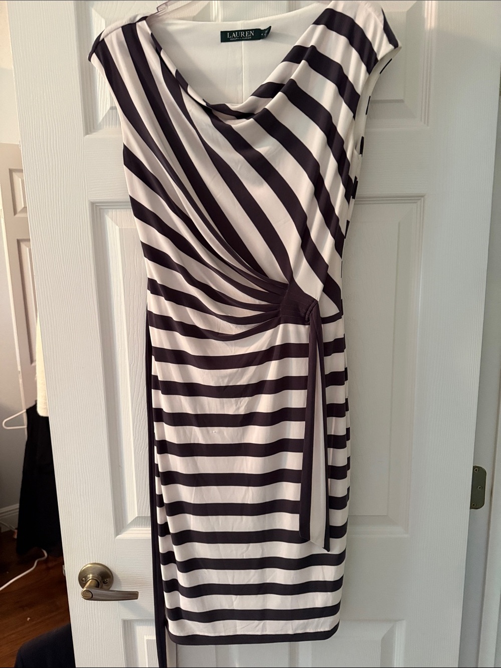 Lauren Ralph Lauren Black and White Striped Draped Midi Dress